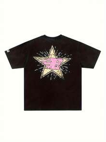 Camiseta de manga corta de marca de ropa urbana de verano para hombre, mujer y parejas, de alto gramaje, lavada, desgastada, con estampado de grafiti de letras en degradado y técnica tie-dye - Negro - Ver 2