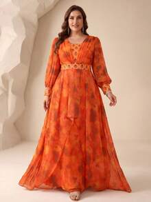 SUPGIR [Random Cut] Square Collar Lantern Sleeve Luxury Sequin Patchwork Decor Multi-Color Chiffon Evening Gown Dress - Orange - View 4