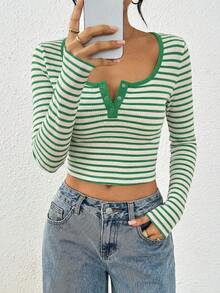 Áo len dài tay cổ tròn kẻ sọc, cài cúc, thích hợp mặc hàng ngày, đi làm, du lịch, công sở, phù hợp cho mùa thu/đông. - quả mơ xanh - Xem 6