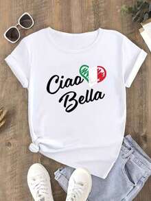1 camiseta con estampado de corazón de la bandera italiana y "Ciao Bella", estilo casual de verano con temática italiana, colores de la bandera italiana, manga corta y cuello redondo, 180g 100% algodón, los diseños están completamente impresos. Unisexo. - Blanco - Ver 5