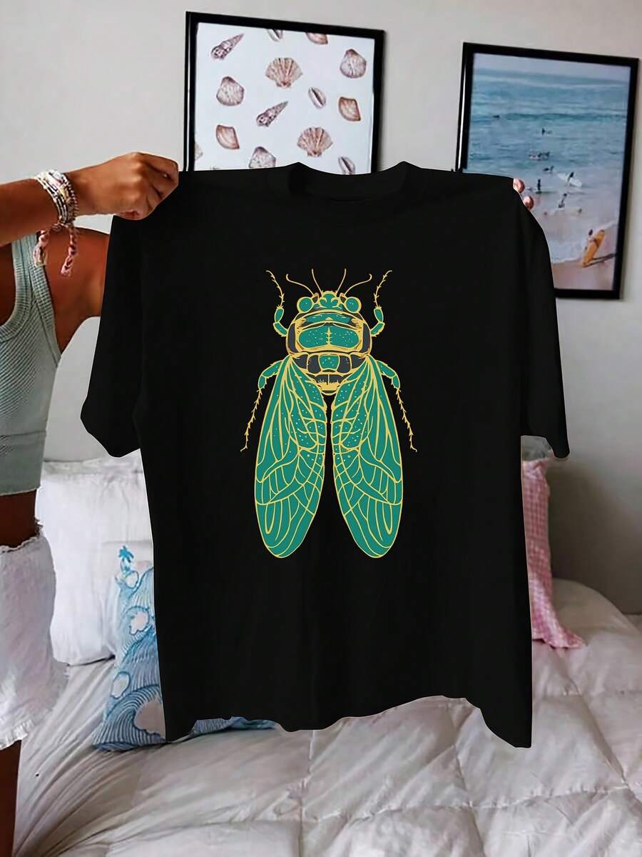 Talla grande, camiseta extragrande de talla grande para mujer con cuello redondo - Blusa de manga corta con estampado de cigarra, adecu para - Ropa casual, tela no lavable a máquina, esencial básico de ar para uso diario en primavera y verano (patrón de cigarra)