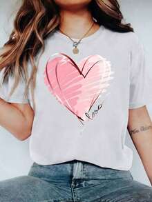 1 pieza, Paquete de Tres Camisetas de Manga Corta con Cuello Redondo para Mujer, Estilo Casual Deportivo Vintage, con Estampado de Corazones y Flores, 180g, 100% Algodón, los diseños están impresos. Unisexo. - Blanco2 - Ver 2