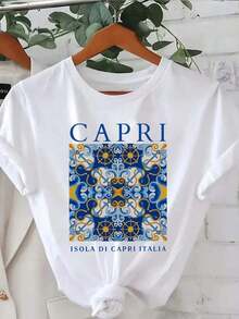 Camiseta de manga corta con cuello redondo y estampado de letras y gráficos para mujer , camisetas gráficas de verano para mujer. - Blanco - Ver 6