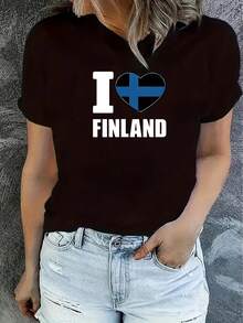 OversizeCamiseta deportiva de manga corta con cuello redondo y diseño de la bandera finlandesa, ropa deportiva femenina atractiva. - Negro - Ver 1