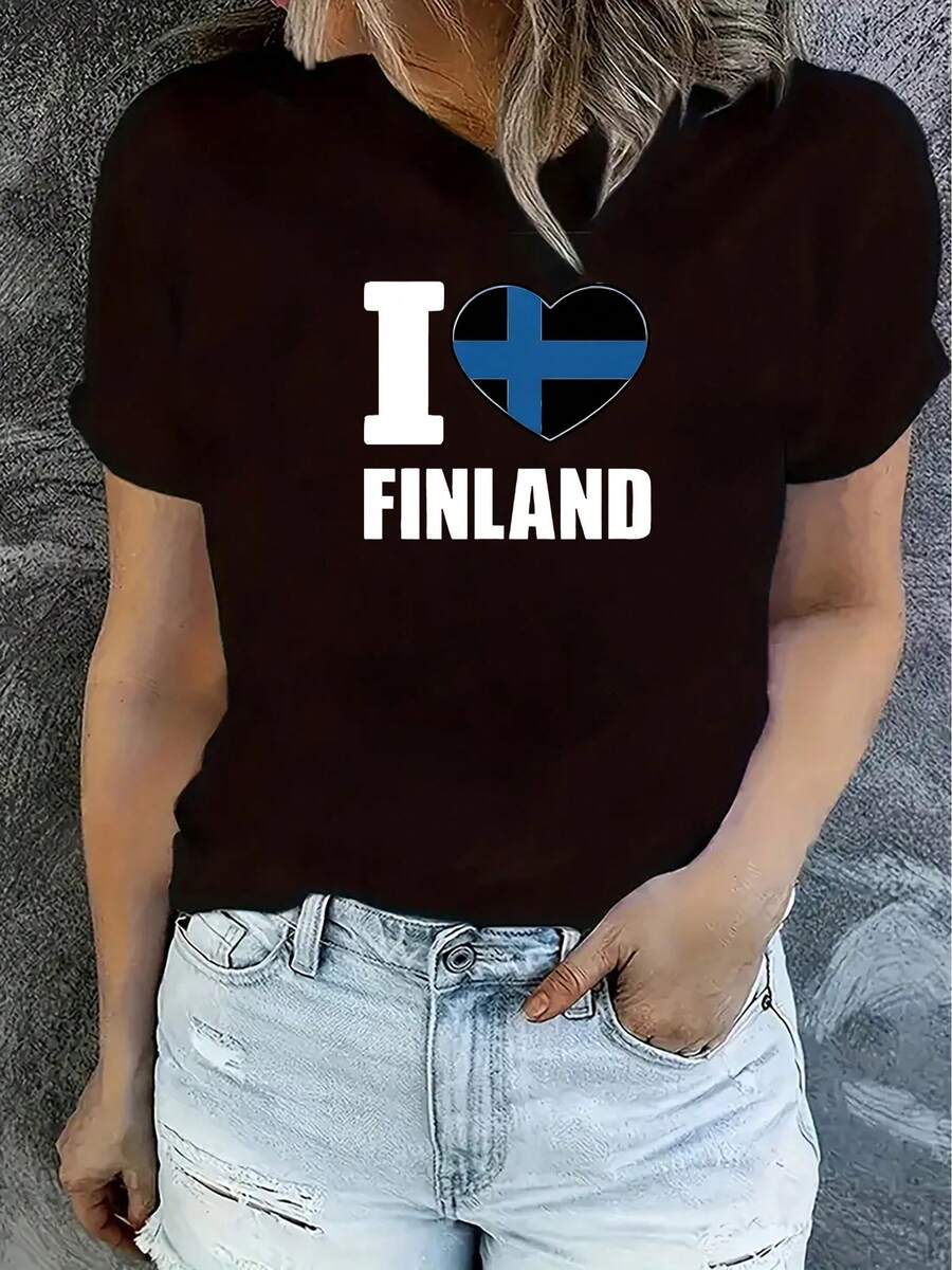OversizeCamiseta deportiva de manga corta con cuello redondo y diseño de la bandera finlandesa, ropa deportiva femenina atractiva. - Negro - Ver 1