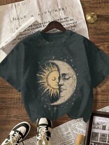 Camiseta gráfica de verano con estampado vintage de sol y luna, camiseta casual de mujer de cuello redondo y manga corta - Estilo - Ver 3