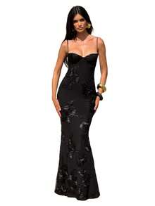 Nuevo Vestido Largo Sensual, Silueta Delgada con Espalda Descubierta y Lazo Decorativo - Negro - Ver 2
