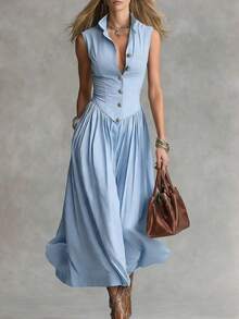 Vestido largo nuevo de primavera para mujer, estilo francés elegante, inspiración de diosa, cuello con solapas, sin mangas, diseño favorecedor y entallado, perfecto para eventos y looks sofisticados - Azul - Ver 3