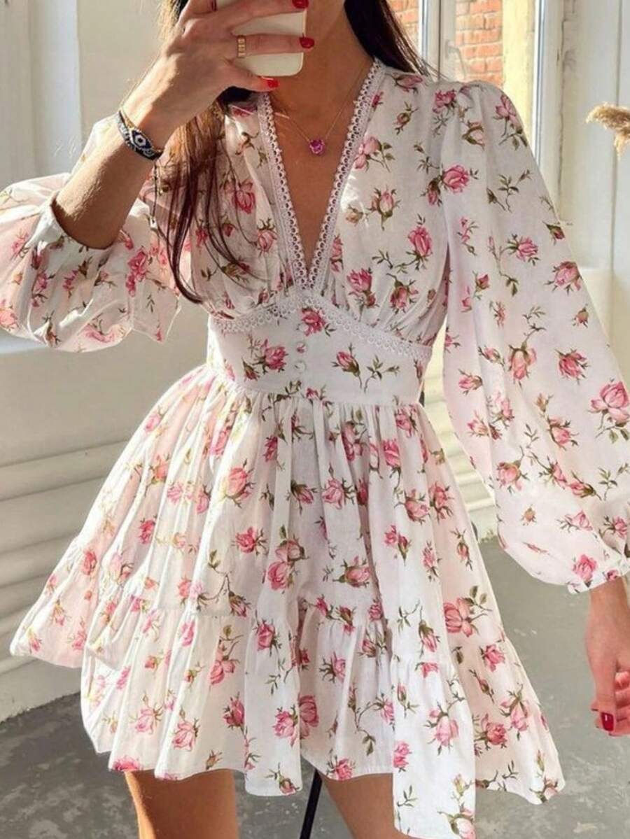 Nueva Vestido Midi Encaje Cuello V Estampado Dulce Manga Larga Corte Corto - Blanco - Ver 1