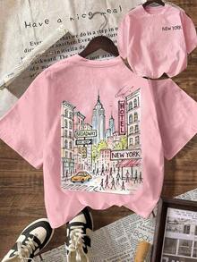 New York City Graphic T-Shirt, Women's Casual Crew Neck Short Sleeve T-Shirt, Summer Vacation Set - 羅莎 - 查看 6