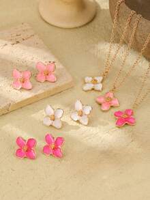 1 Necklace, 1 Pair Of Earrings, A Colorful Enamel Four-Petal Flower Pendant, A Sweet And Fashionable Ladies' Jewelry Set, Suitable For Daily Wear - Set - View 1