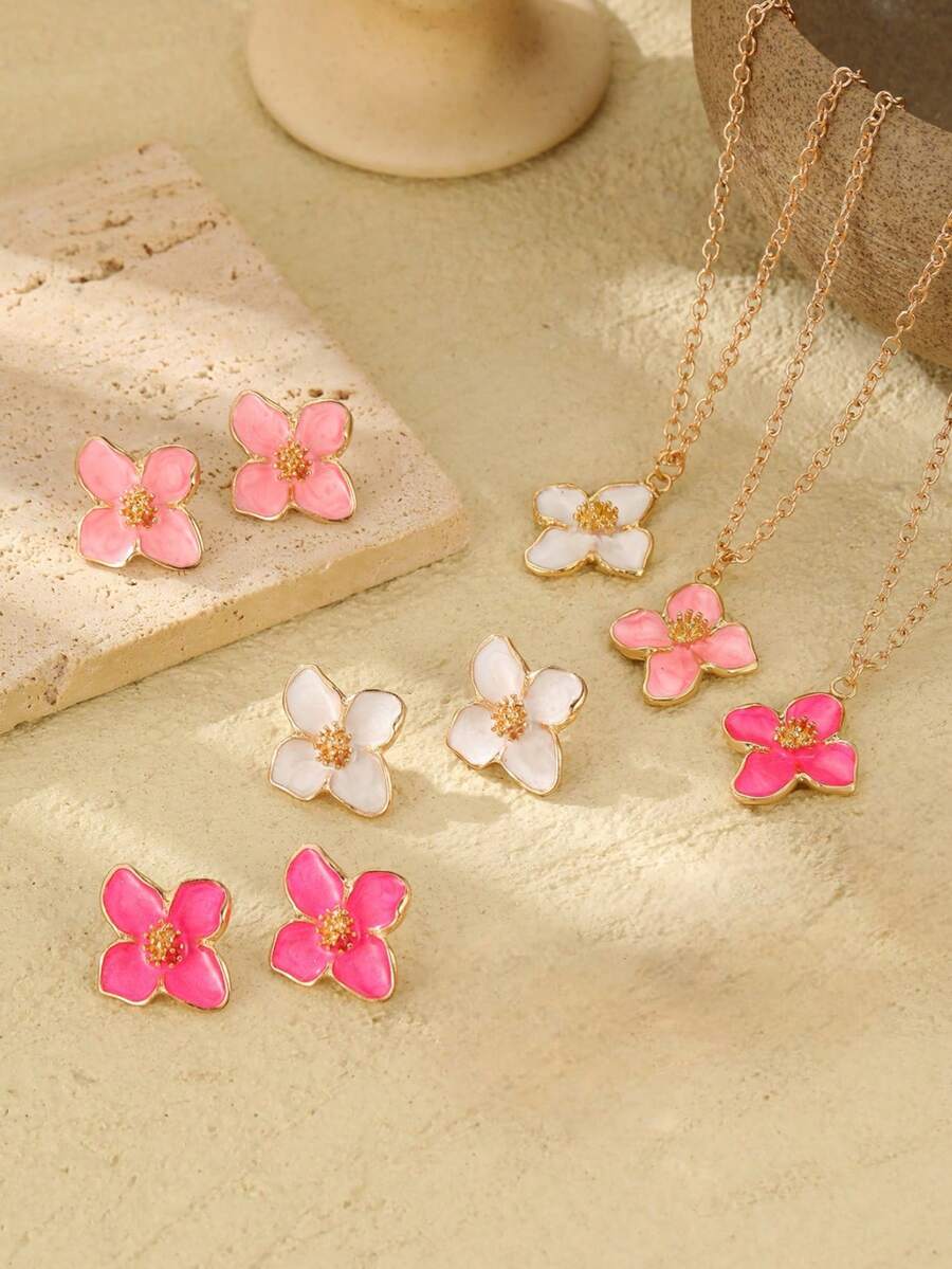 1 Necklace, 1 Pair Of Earrings, A Colorful Enamel Four-Petal Flower Pendant, A Sweet And Fashionable Ladies' Jewelry Set, Suitable For Daily Wear - Set - View 1