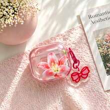 Fashionable Creative Transparent Pink Lily Flower + Bow Earphone Case Compatible With Airpods Pro 3, New Pro 2, Cute Apple 4 Minimalist 3, Personalized 1/2, Spring/Summer Earphone Case/Birthday Gift/Holiday Gift - Baby Pink - View 3