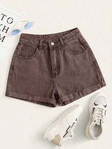 Pantalones cortos vaqueros de cintura alta enrollados para el verano - Café integral - Ver 6