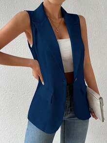 Blazer sin mangas de estilo elegante de color verde oliva para mujer, chaleco casual con solapa y botón en tela tejida lisa, corte regular - Azul - Ver 7