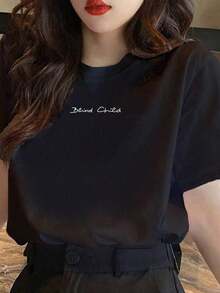 Women's Graphic Print T-Shirt, Lightweight Cotton Summer Top With Letter Print, Loose Fit, Drop Shoulder, Crew Neck, Casual, Plus Size, 100% Pure Cotton - 黑色 - 查看 5