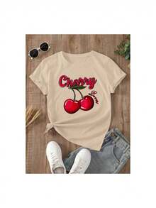 YOCASA Women's Casual Summer T-Shirt, Round Neck, Fitted, Short Sleeve, With Oil Painting Print, Floral, Heart, Cherry, And Letter Patterns. Simple Casual Fabric, Sporty Style, Ideal For Everyday Wear And Valentine's Day Dates. 1 Piece, 180g Pure Heavy, 95% Polyester 5% Spandex. 100% Cotton Durable - 杏 - 查看 2