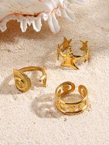 3pcs/Set Stainless Steel 18K Gold Plated Starfish, Shell, Conch Beach Vacation Style Rings Set, Suitable For Women Daily, Summer Beach Travel Wear - Gold - View 4