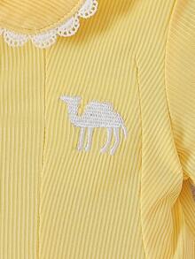 Baby Girl Casual Ribbed Fabric Collar With Ruffle Trim, Camel Embroidery Ruched Dress, Comfortable Summer Outfit For Daily & Outdoor Wear - Yellow - View 5