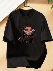 Women's Short-Sleeved T-Shirt With A Doll Design, Round Neck, And Stretchy Fabric, Perfect For Summer Fashion. This T-Shirt Features Adorable Cartoon Graphics. Comfortable, Versatile Short-Sleeved Top. - Black - View 8