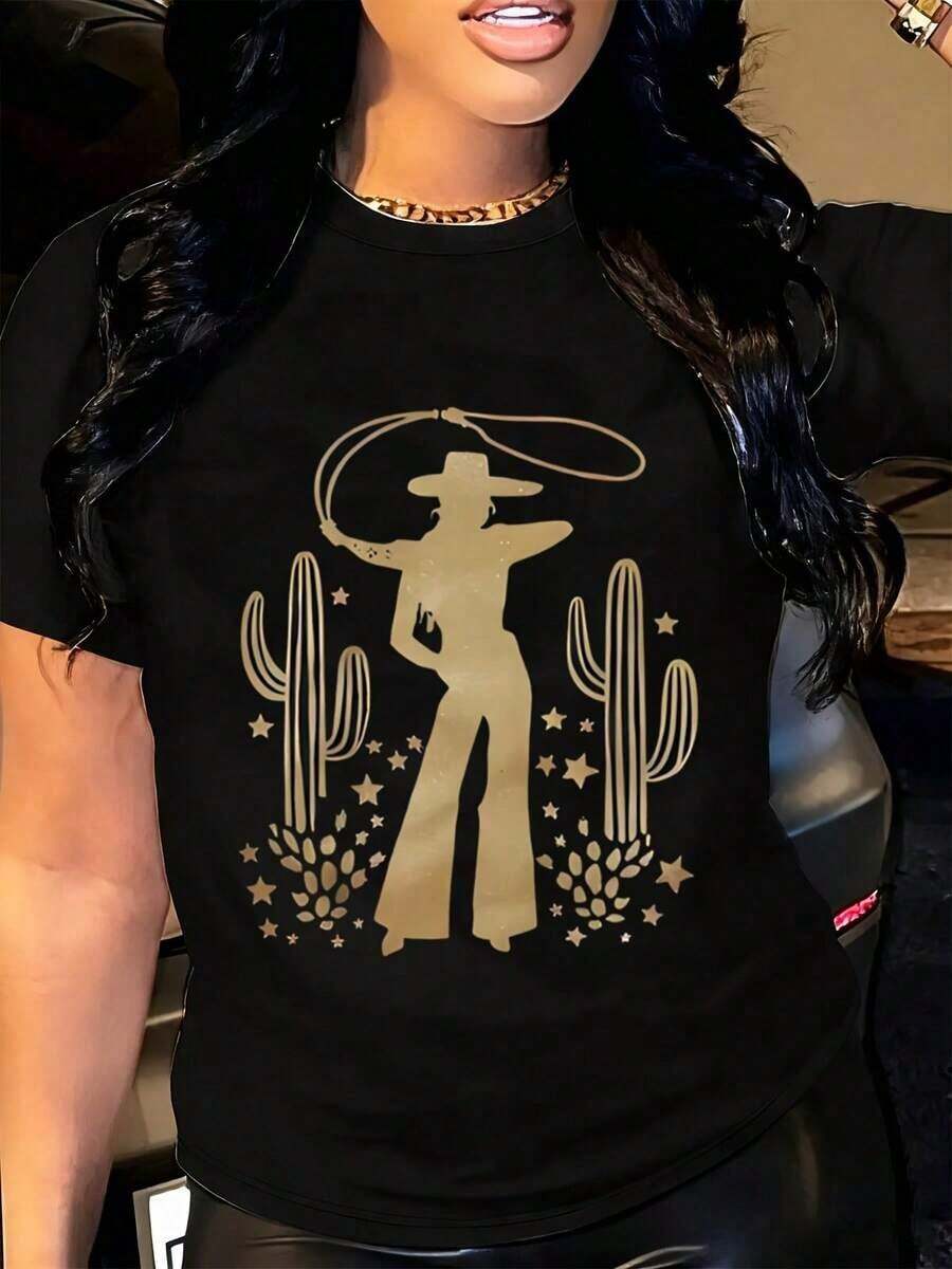Camiseta con Silueta de Vaquera del Oeste, Estampado Dorado de Cactus, Estrellas y Cuerda, Diseño Casual para Mujer, Estilo Vintage Urbano, Unisex, de Algodón, Manga Corta, Cuello Redondoblusas para mujer>ropablusas para mujer>ropablusas para mujer>ropa - Negro - Ver 1