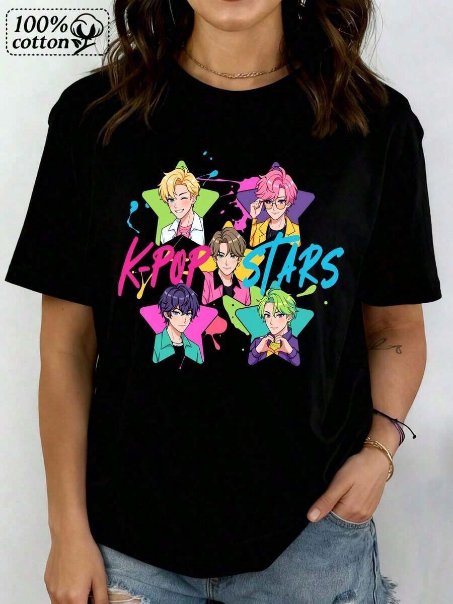 Una camiseta de manga corta para mujer, moderna, a la moda, retro, holgada y casual, adecuada para actividades al aire libre en primavera y verano, con diseño estampado en , que presenta diseños de estrellas de y textos, perfecta para uso casual. blusas para mujer,blusas casuales para dama,tops,, mujer premium,y2k,playeras de mujer curvy,ofertas y liquidaciones ropa mujer,playeras deportivas para mujer,,playeras de hombre, mujer,blusas>elegante RAYQ - Negro - Ver 1