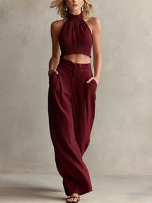 Conjunto de 2 piezas nuevo de moda para mujer, estilo casual, top halter de cuello redondo y espalda descubierta, pantalón largo, perfecto para vacaciones, playa y looks de verano - Burdeos - Ver 3