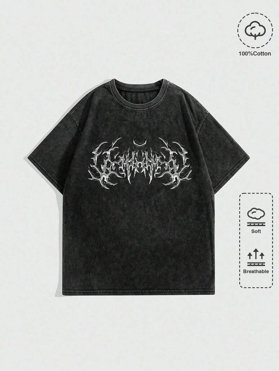 1 pieza Camiseta de manga corta de cuello redondo oversize unisex desgastada y lavada, 100% algodón pesado de 220g, diseñada por artistas Y2K estilo americano vintage, estampado gráfico de nombres de ciudades, ideal para uso diario, conciertos y festivales - Negro - Ver 1
