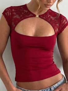 Women's Lace Patchwork Crop Tops Elegant Cap Sleeve Mock Neck Cutout Front Slim Fit Blouse Night Out Party Tee - Rojo - Ver 3