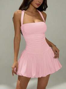 PETITE Vestido informal corto de unicolor con cuello de lazo y espalda descubierta para mujer - Rosa - Ver 6