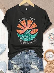 Camiseta manga corta cuello redondo 100% algodón, estampado trendy, tejido ligero y ventilado, estilo moda casual, apta para vida diaria, salidas informales y citas en primavera, verano y otoño - Negro - Ver 1