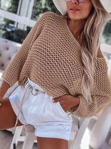 Áo len nữ mùa hè kiểu dáng casual, chất liệu dệt kim, họa tiết rỗng, cổ tròn, tay dài, thích hợp cho kỳ nghỉ biển. - Lạc đà - Xem 4