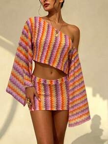 Bộ đồ 2 món Jacquard - Phong cách Bohemian ombre cam & tím, áo crop top cúp ngực tay loe và chân váy ngắn cho nữ. - Nhiều màu - Xem 1