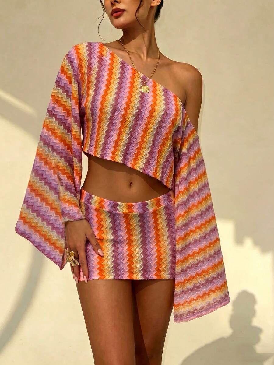 Bộ đồ 2 món Jacquard - Phong cách Bohemian ombre cam & tím, áo crop top cúp ngực tay loe và chân váy ngắn cho nữ. - Nhiều màu - Xem 1