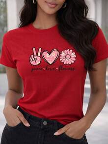 Soft 100% Cotton T-Shirt, Casual Women's T-Shirt With Cursive Lettering, Retro, Peace Symbols, Love And Flowers, Leopard Print, Heart, Breathable Cotton T-Shirt, Matches Everything, Cool. - 紅色 - 查看 6