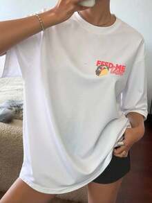 Women's Round Neck Printed Short Sleeve T-Shirt, Casual Loose Fit, Super Soft & Comfortable Fabric, Ins Street Fashion Style, Classic All-Match Graphic Tee, Breathable Lightweight Daily Basic Top, Perfect For Daily Wear, Casual Vacation, Office Commute, Outdoor Going Out, Weekend Gathering, Shopping And Leisure Activities, Ladies  Oversized Casual Pullover T-Shirt - 白色 - 查看 2