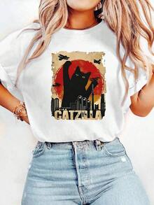 Soft And Comfortable Korean Style T-Shirt, Women's Casual Wear, Pure Cotton Short Sleeve T-Shirt With Printed Design, Round Neck, Short Sleeves, Soft And Breathable, Versatile, Suitable For Everyday Wear, A Must-Have For Fashionable Women! 100% Breathable Cotton - 白色 - 查看 12