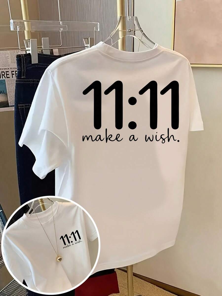 Camiseta de manga corta y cuello redondo con estampado del Festival de Compras Double Eleven, prenda superior casual para verano y primavera, ropa de mujer - Blanco 1 - Ver 1