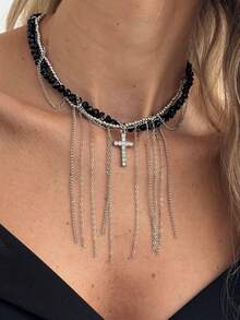 1pc Punk Style Sexy Rhinestone Cross Beaded Pendant Choker Necklace, Charming Dark Vibe Alloy Beaded Cross Necklace For Women, Suitable For Birthday Party, Festival, Daily Wear, Music Festival, Wedding Fashion Jewelry - Collar - View 5