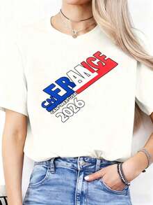 2026 World Cup Themed T-Shirt, Custom T-Shirt, Minimalist Graphic Design Of The 2026 France World Cup, Clothing For Fans Of The USA, Canada, Mexico, 100% Pure Cotton, Fun Print, Round Neck, Short Sleeve, Women's T-Shirt, Suitable For: Sporting Events/Christmas Parties/Outings/Sports And Other Holiday Gifts. - 白色 - 查看 6