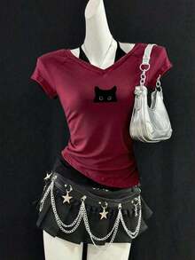 Camiseta de mujer casual de cuello en V retro, con atar, de manga corta y contraste de color, adecuada para el verano - Multicolor 5 - Ver 8