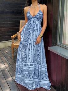 YHHSunnyshic Vestido con estampado digital rosa, cintura ajustada, espalda descubierta, tirantes con lazo, estilo francés de escote en V para vacaciones en la playaYHH - Multicolor 4 - Ver 6