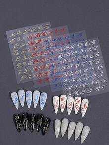 5pcs/Set Handwritten Letter Nail Stickers, Black/Red/Blue/Gold/Silver 3D Self-Adhesive Nail Art Decals, DIY Nail Supplies For Women - Multicolor - View 9