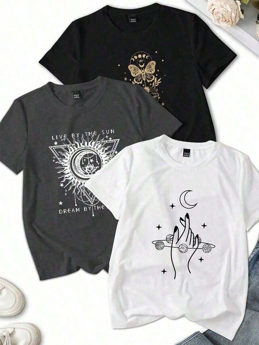 Pack 1 camisetas estampadas mujer corte recto manga corte cuello redondo tshirt dama Luna magia bruja - Blanco - Ver 1
