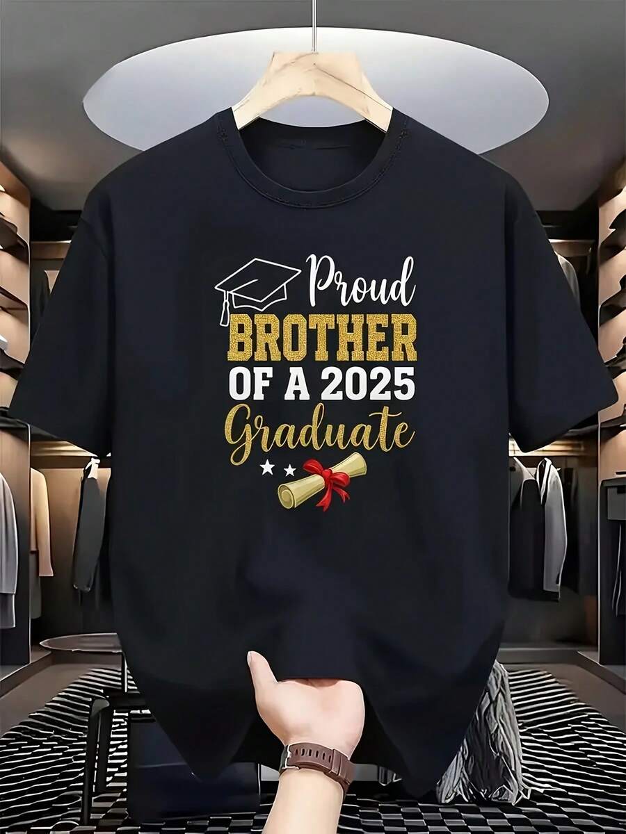 Camiseta casual de manga corta - Estampado "Graduate Brothers Glory", vibrante impresión digital 2D por transferencia de calor, transpirable y cómoda para uso diario, corte regular para fiestas de graduación, camiseta estilo universitario, blusas para mujer, blusas casuales para mujer, tops para mujer, unisex. - Negro - Ver 1