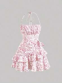 Vestido con estampado floral, cuello halter y bajo asimétrico con adornos - Rosa - Ver 6