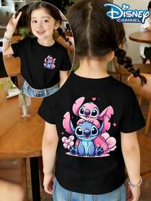 Disney Lilo & Stitch Stitch And Angel Cute Heart Design Casual Summer Tops, Perfect For Cute Girls. Teen Girl Gift,Comfortable And Breathable Children's Short-Sleeved T-Shirt. 180g Pure Cotton Children's Clothes,Suitable For Both Boys And Girls.Suitable For Daily Wear, Vacations, Outdoor Activities, And As A Children's Gift. - 黑色 - 查看 2