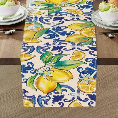 1pc Blue Lemon Italian Tile Pattern Tablecloth, Amalfi Coast Italian Capri Citrus Coarse Linen Kitchen Decor, Mediterranean Indoor Outdoor Home Decoration Party Supplies, Summer