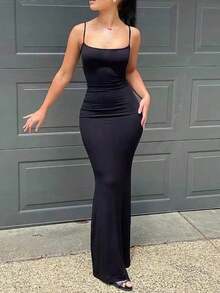 Solva Vestido ajustado de unicolor elegante para mujer - Negro - Ver 7