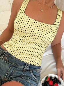 Top de punto con estampado de lunares blancos en estilo , blusa sin mangas adecuada para la playa, el trayecto y el uso casual de verano - Amarillo - Ver 10